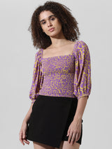 Women's Blue Woven Casual Printed Regular Fit Half Sleeves Top