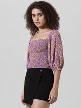 Women's Blue Woven Casual Printed Regular Fit Half Sleeves Top