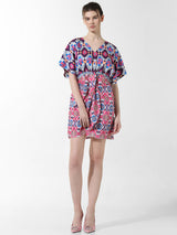 Women's Purple Woven Casual Printed Above Knee Half Sleeves Dress