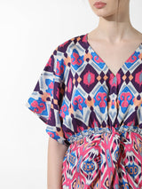 Women's Purple Woven Casual Printed Above Knee Half Sleeves Dress
