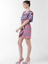 Women's Purple Woven Casual Printed Above Knee Half Sleeves Dress