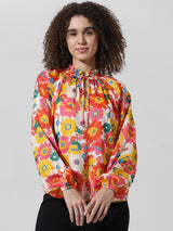 Women's Multicolor Woven Casual Printed Regular Fit Full Sleeves Top