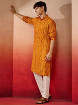 Men's Yellow Rayon Bandhani Printed Kurta