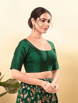 Women's Green Taffeta Silk Padded Front Open Elbow Sleeves Saree Blouse
