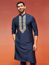 Men's Blue Elegant Viscose Embroidered Yoke Design Kurta