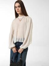 Women's White Woven Casual Solid Regular Fit Full Sleeves Top