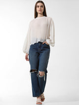 Women's White Woven Casual Solid Regular Fit Full Sleeves Top