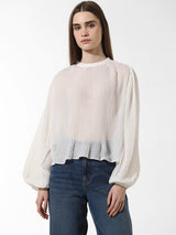 Women's White Woven Casual Solid Regular Fit Full Sleeves Top