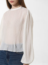 Women's White Woven Casual Solid Regular Fit Full Sleeves Top