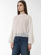 Women's White Woven Casual Solid Regular Fit Full Sleeves Top