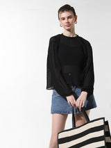 Women's Black Woven Casual Solid Regular Fit Full Sleeves Top