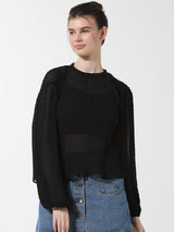 Women's Black Woven Casual Solid Regular Fit Full Sleeves Top