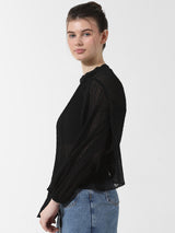 Women's Black Woven Casual Solid Regular Fit Full Sleeves Top