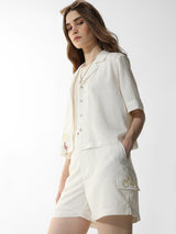 Women's White Woven Casual Above Knee Shorts