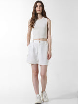 Women's White Woven Casual Above Knee Shorts