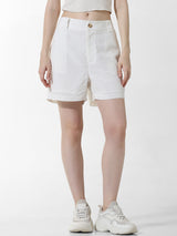 Women's White Woven Casual Above Knee Shorts