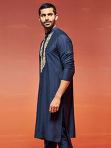 Men's Blue Elegant Viscose Embroidered Yoke Design Kurta