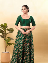 Women's Green Taffeta Silk Padded Front Open Elbow Sleeves Saree Blouse