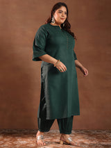 Women Green Daily  Solid Three-Quarter Sleeves Kurta Sets