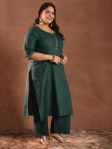 Women Green Daily  Solid Three-Quarter Sleeves Kurta Sets