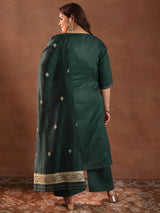 Women Green Daily  Solid Three-Quarter Sleeves Kurta Sets
