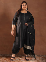 Women Black Daily  Solid Three-Quarter Sleeves Kurta Sets