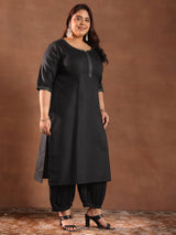 Women Black Daily  Solid Three-Quarter Sleeves Kurta Sets