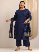 Women Navy  Daily  Solid Three-Quarter Sleeves Kurta Sets