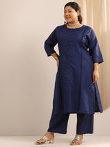 Women Navy  Daily  Solid Three-Quarter Sleeves Kurta Sets