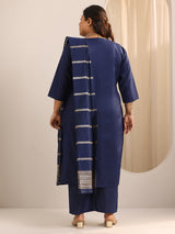 Women Navy  Daily  Solid Three-Quarter Sleeves Kurta Sets