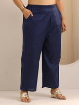 Women Navy  Daily  Solid Three-Quarter Sleeves Kurta Sets