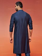 Men's Blue Elegant Viscose Embroidered Yoke Design Kurta
