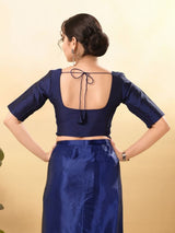 Women's Navy Taffeta Silk Padded Front Open Elbow Sleeves Saree Blouse