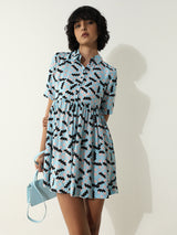 Women's Blue Woven Casual Printed Above Knee Half Sleeves Dress