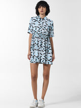 Women's Blue Woven Casual Printed Above Knee Half Sleeves Dress