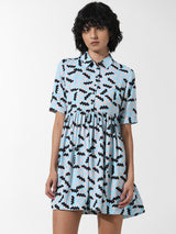 Women's Blue Woven Casual Printed Above Knee Half Sleeves Dress