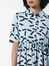 Women's Blue Woven Casual Printed Above Knee Half Sleeves Dress