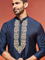 Men's Blue Elegant Viscose Embroidered Yoke Design Kurta