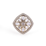 Women's Squire Shape White Stone Gold Plated Brass Adjustable Finger Ring