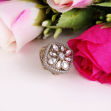 Women's Squire Shape White Stone Gold Plated Brass Adjustable Finger Ring