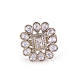 Women's Flower Design White Stone Gold Plated Brass Adjustable Finger Ring