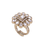 Women's Flower Design White Stone Gold Plated Brass Adjustable Finger Ring