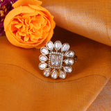 Women's Flower Design White Stone Gold Plated Brass Adjustable Finger Ring