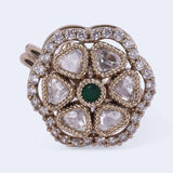 Women's Flower Design White Stone Gold Plated Brass Adjustable Finger Ring