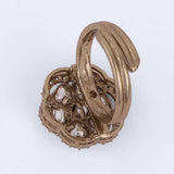 Women's Flower Design White Stone Gold Plated Brass Adjustable Finger Ring