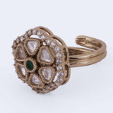Women's Flower Design White Stone Gold Plated Brass Adjustable Finger Ring