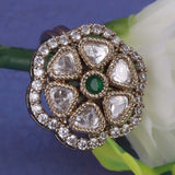 Women's Flower Design White Stone Gold Plated Brass Adjustable Finger Ring