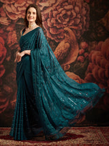 Women's Georgette Blue Embellished Designer Saree with Blouse Piece