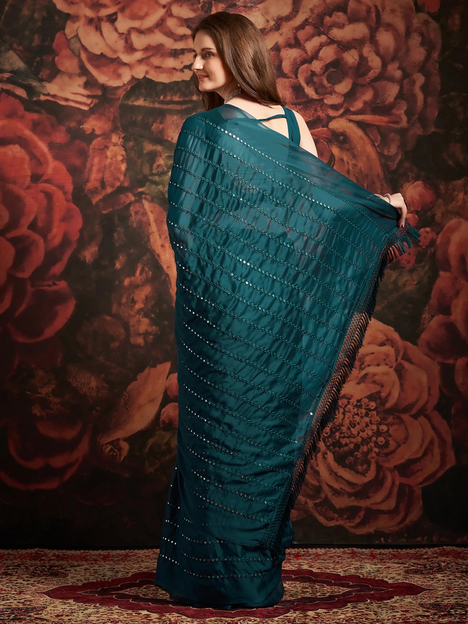 Women's Georgette Blue Embellished Designer Saree with Blouse Piece