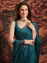 Women's Georgette Blue Embellished Designer Saree with Blouse Piece